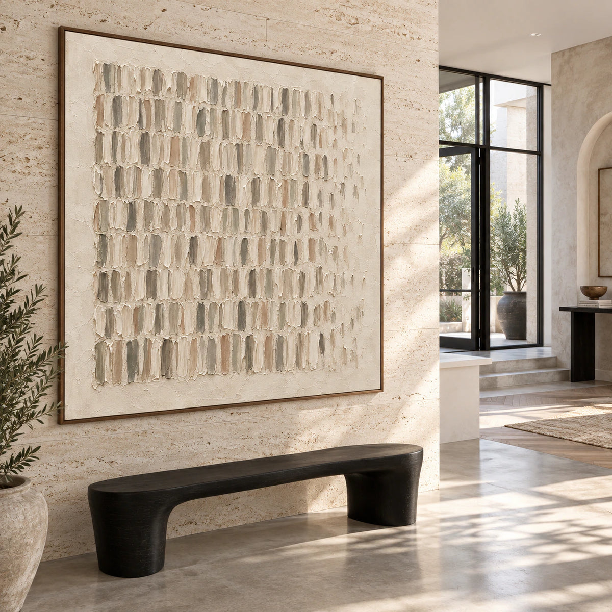 Parchment-Rhythm presented at gallery scale in a bright architectural foyer.