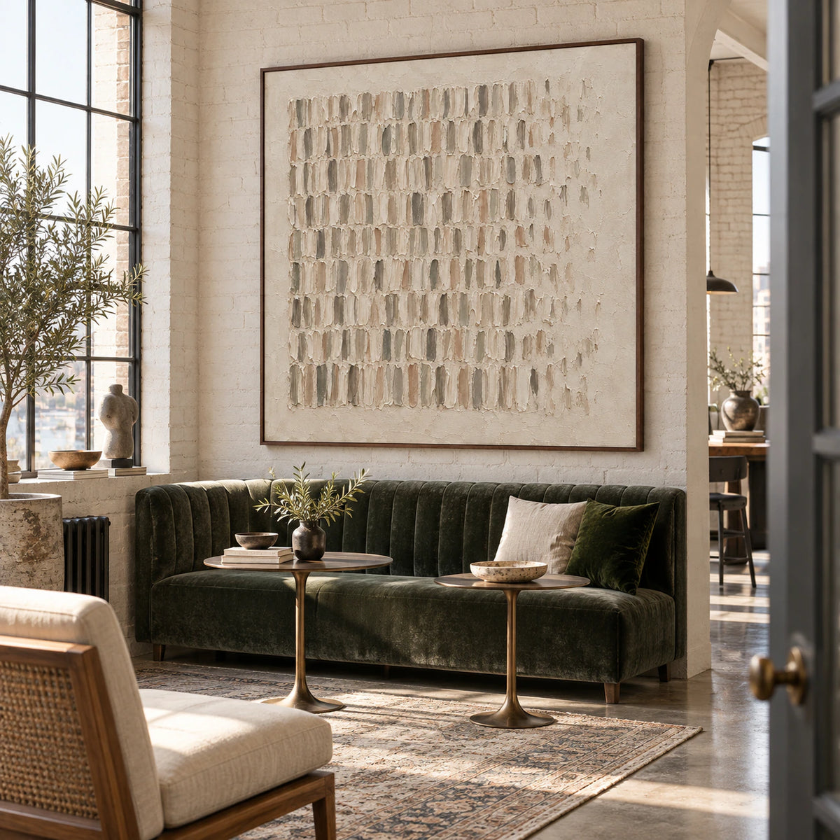 Parchment-Rhythm as a large focal point in an expansive hospitality loft.