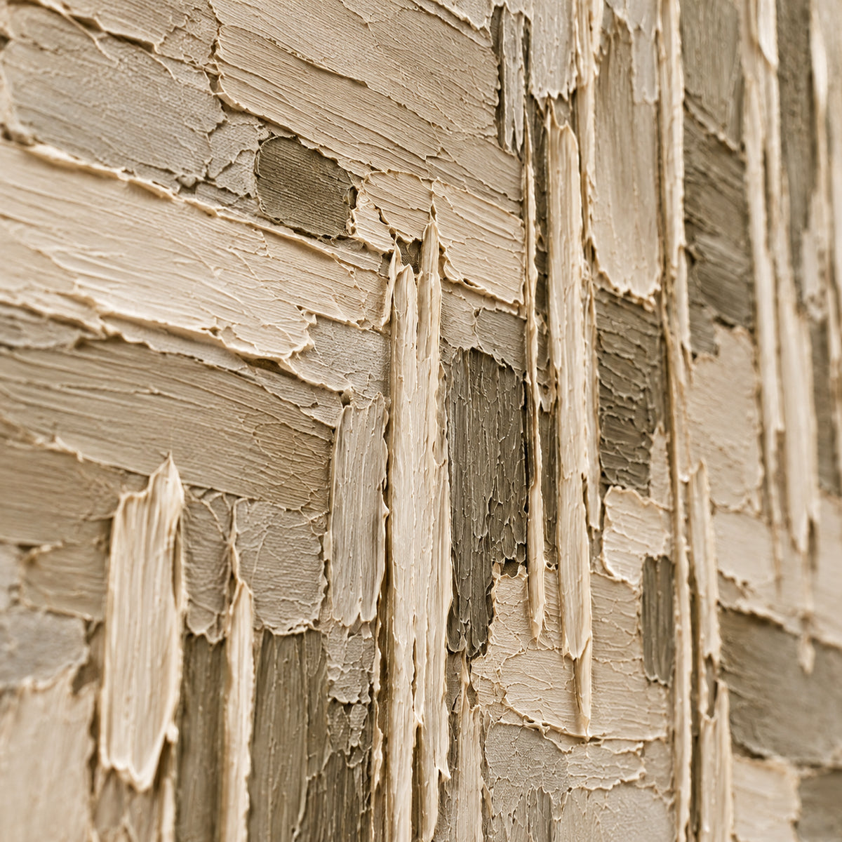 Close detail of Parchment-Rupture from an oblique side angle, with grazing light revealing raised paint, cream and taupe layers, and shallow shadows.