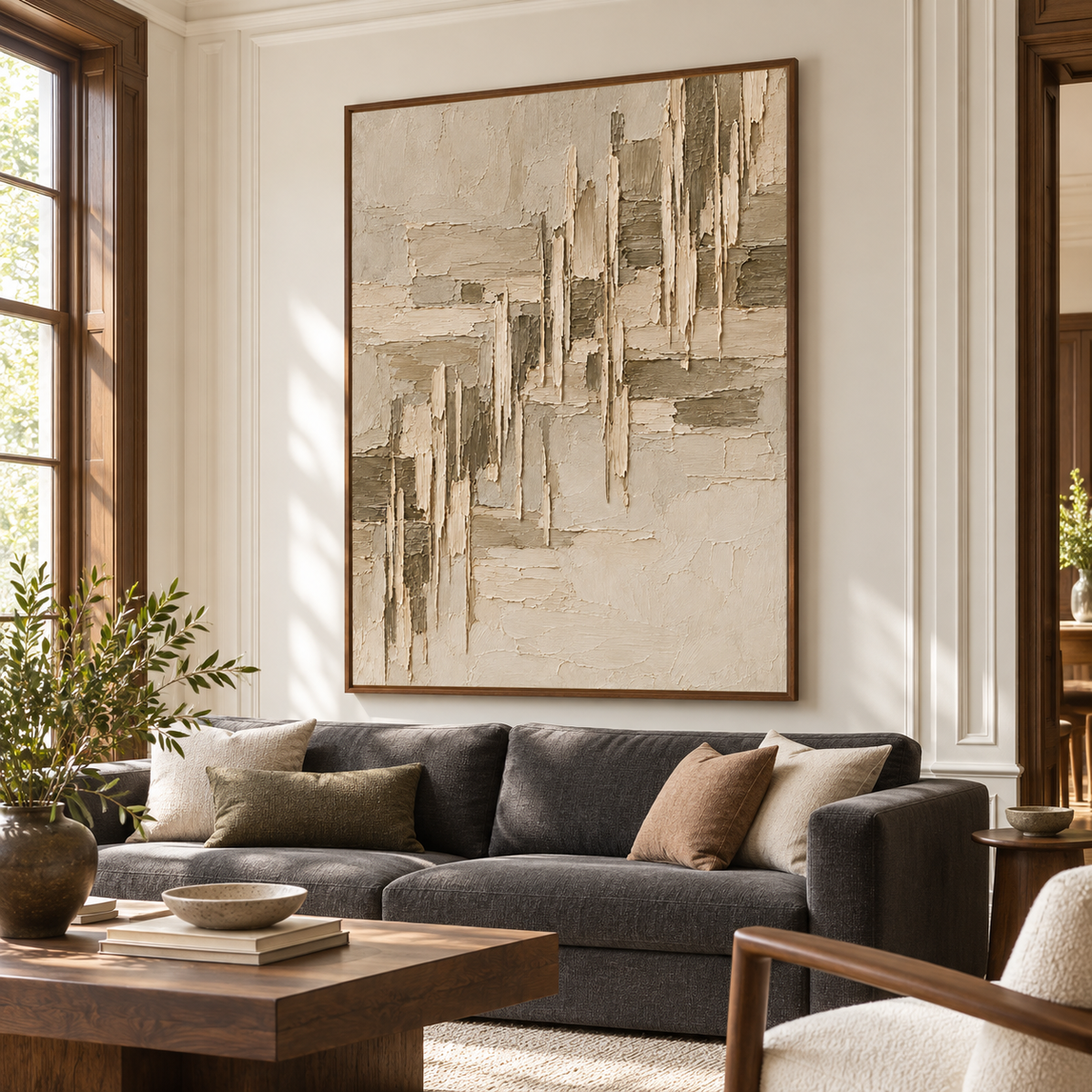 Parchment-Rupture above a charcoal sofa beside a low dark wood table, viewed from the left at seated eye level in a bright living room.