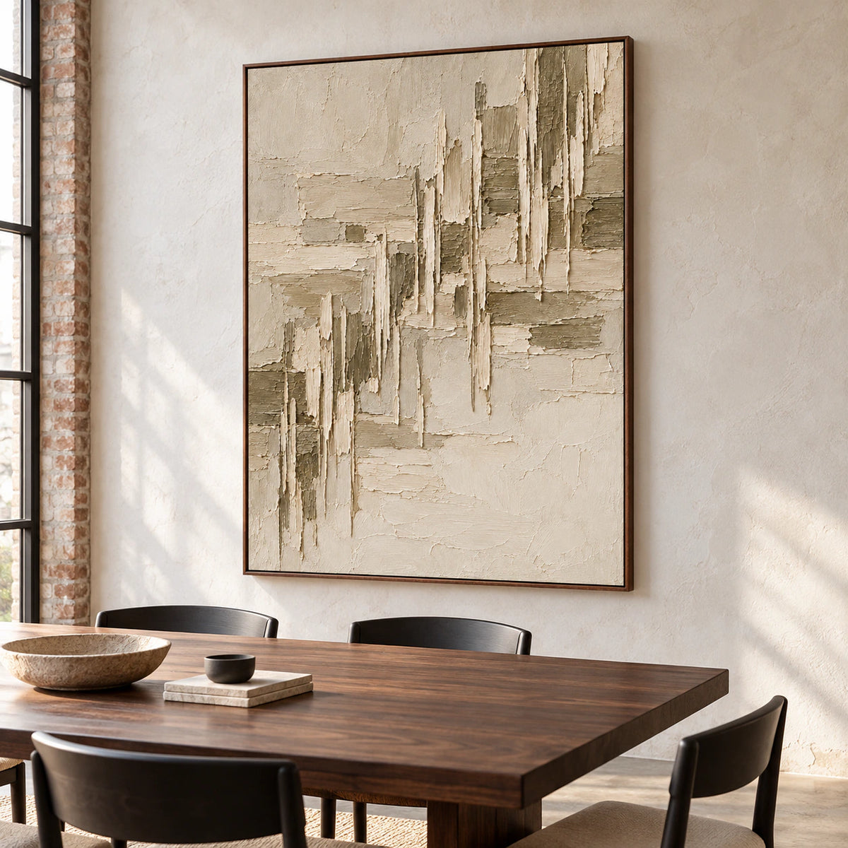 Parchment-Rupture on a pale plaster wall above a dark walnut dining table with dark chairs, viewed obliquely from the right in natural daylight.