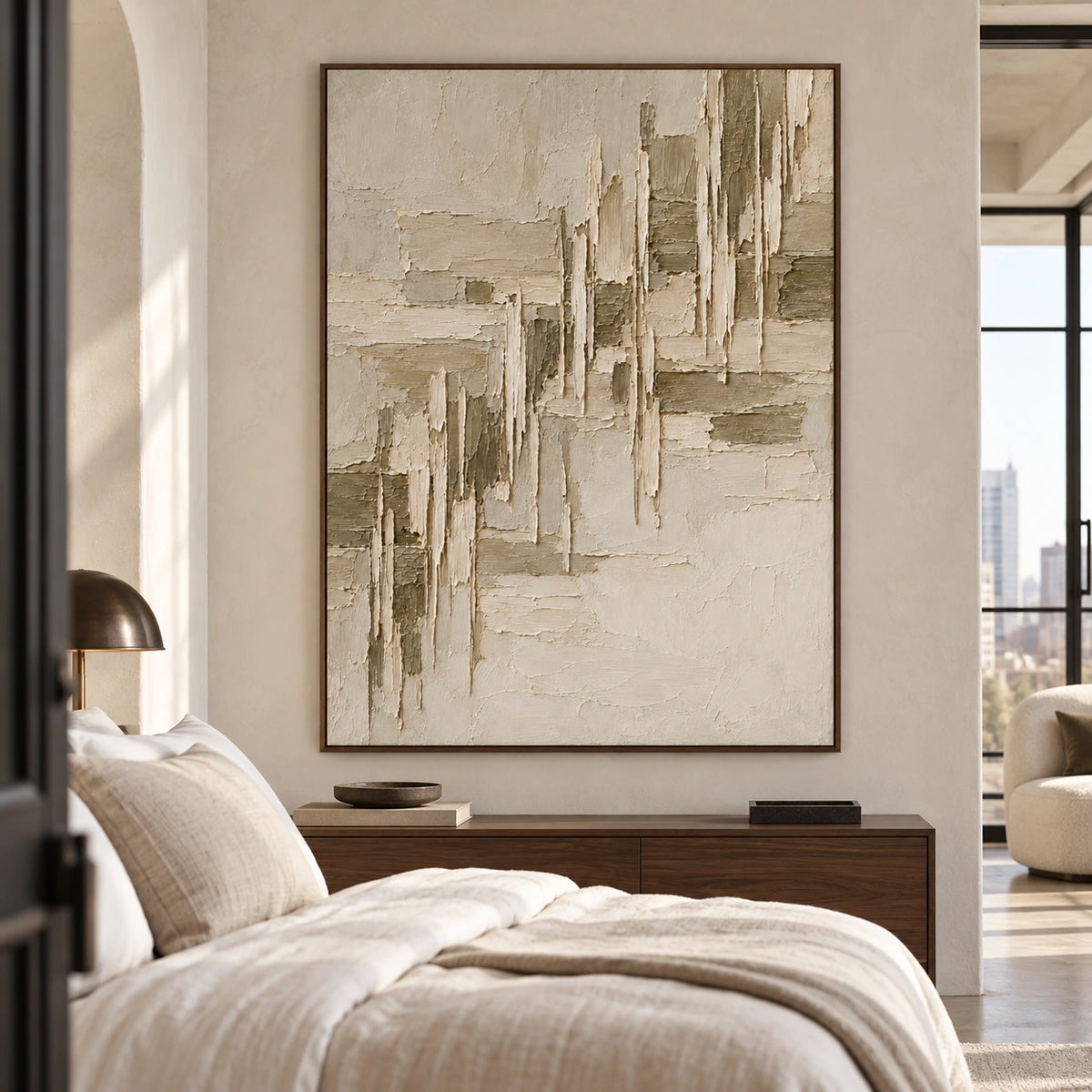 Parchment-Rupture above a slim bedside console against a soft white wall, with pale linen bedding and dark wood furnishings, viewed from the left.