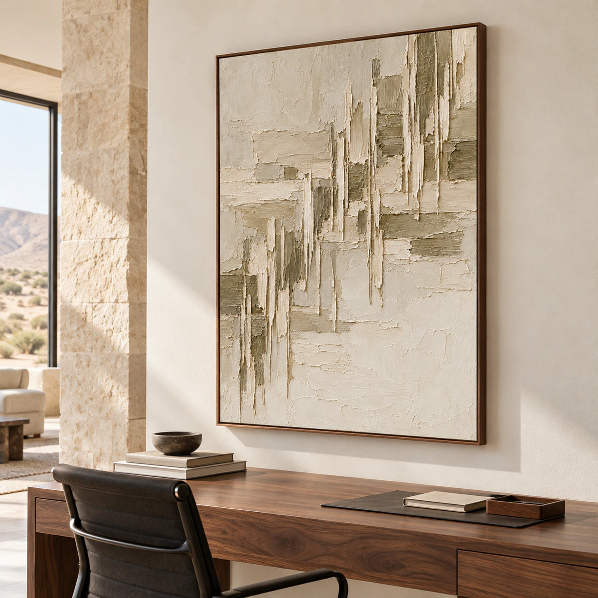 Parchment-Rupture above a walnut desk with a black task chair and a small stack of books in a bright home office, viewed obliquely from the right.