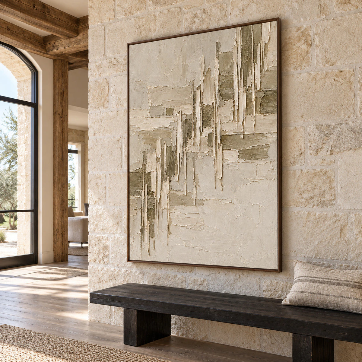 Parchment-Rupture on a pale stone wall in a tall, open foyer with blackened wood seating, viewed from a distant left oblique angle in daylight.