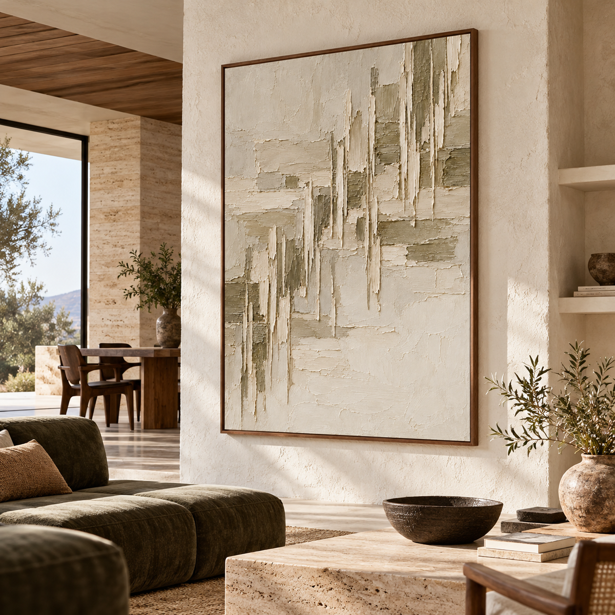 Parchment-Rupture on a cool light gray wall above a low black sofa and pale stone table in an open industrial interior, viewed from an elevated right angle.