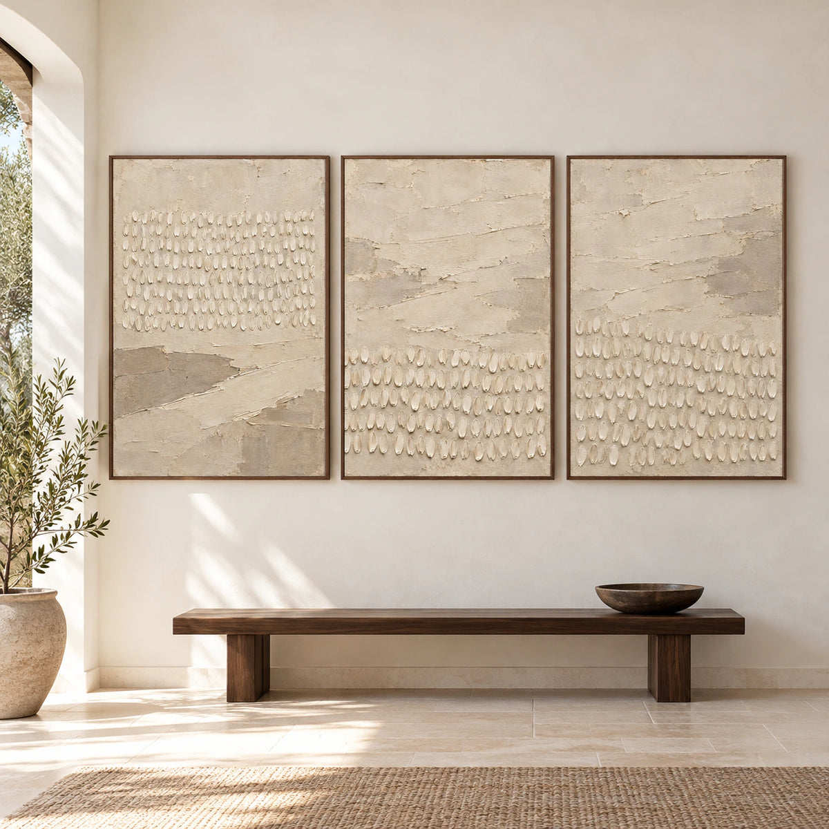 Large straight-on interior featuring the Parchment-Seedling triptych in slim walnut frames.