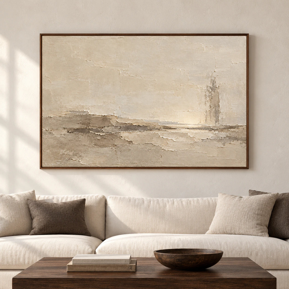 Large Parchment-Shoal painting centered on a pale wall in a spacious, sunlit room.