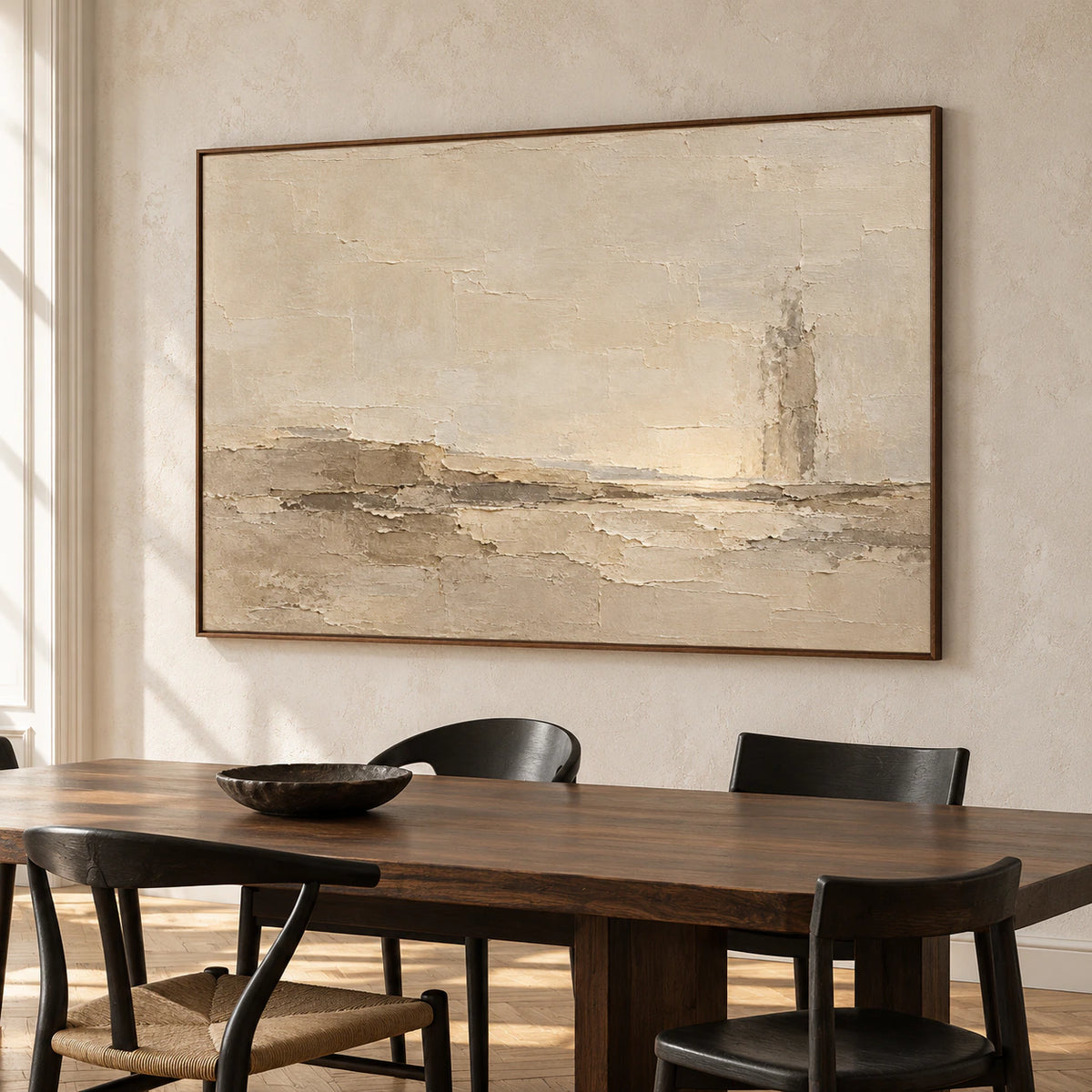 Parchment-Shoal as the focal point of a refined dining room with a long dark wood table.