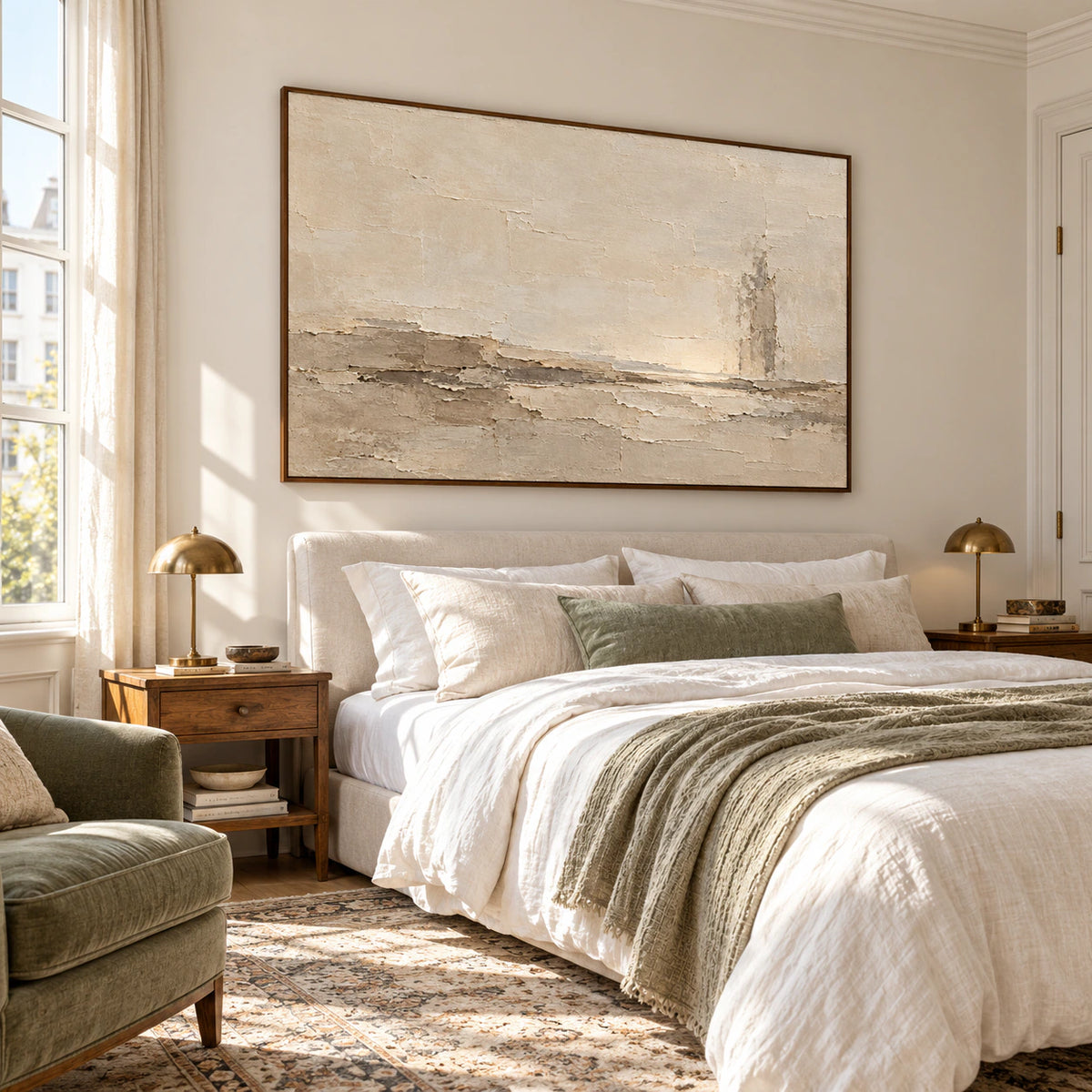 Parchment-Shoal above a low bed in a quiet, daylight-filled bedroom.