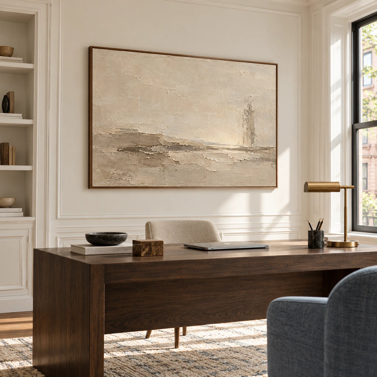 Parchment-Shoal anchoring an airy home office with a simple desk and open shelves.