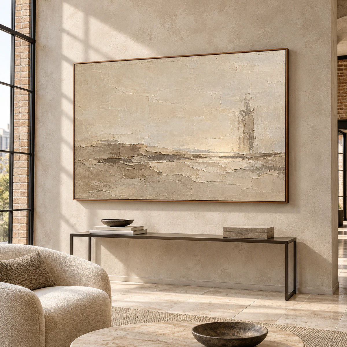Parchment-Shoal commanding the wall of a spacious foyer with a stone floor.