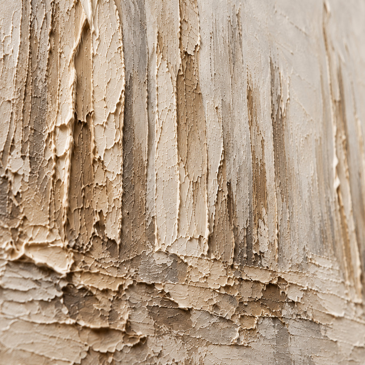 Oblique close-up of Parchment-Spires showing raised ivory ridges, layered paint edges and taupe recesses under grazing directional light.