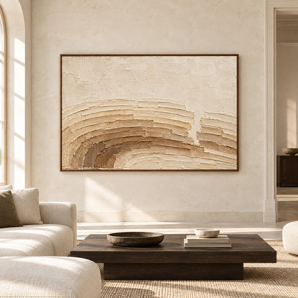 Large Parchment-Swerve artwork displayed straight-on in a spacious, light-filled room, its broad cream and umber arcs clearly visible.
