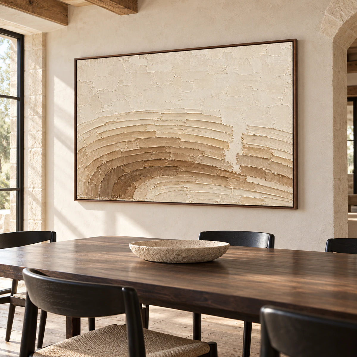 Parchment-Swerve anchors a refined dining room above a dark wood table, with light stone walls and soft daylight.