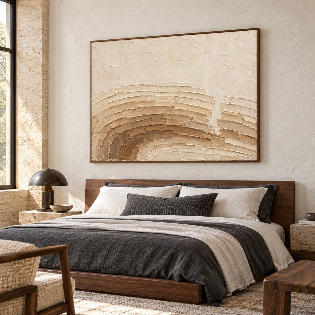 Parchment-Swerve hangs over a low walnut bed in a quiet, sunlit bedroom with restrained neutral linens.