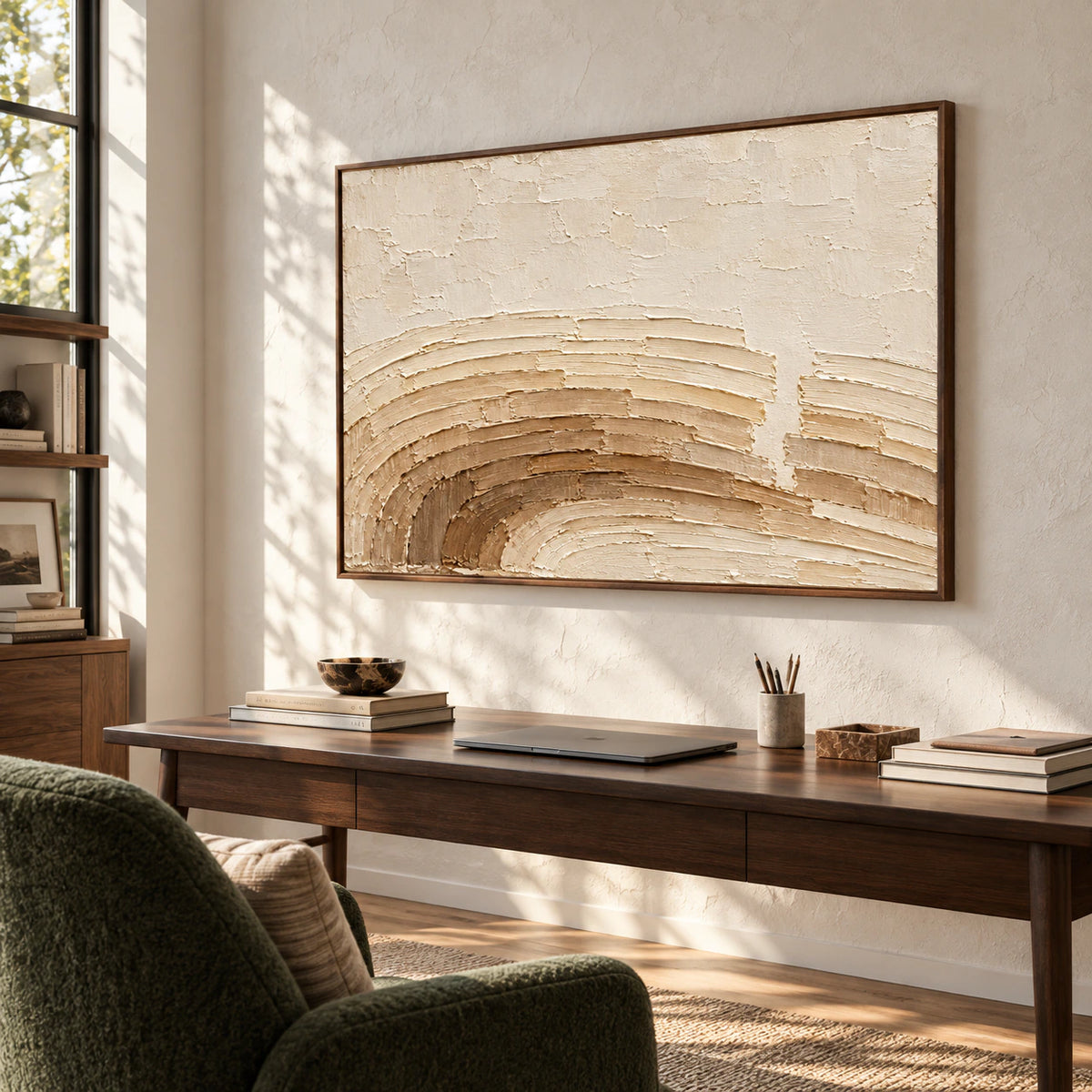 Parchment-Swerve brings tactile relief to an airy home office with a dark desk, open shelving and natural daylight.
