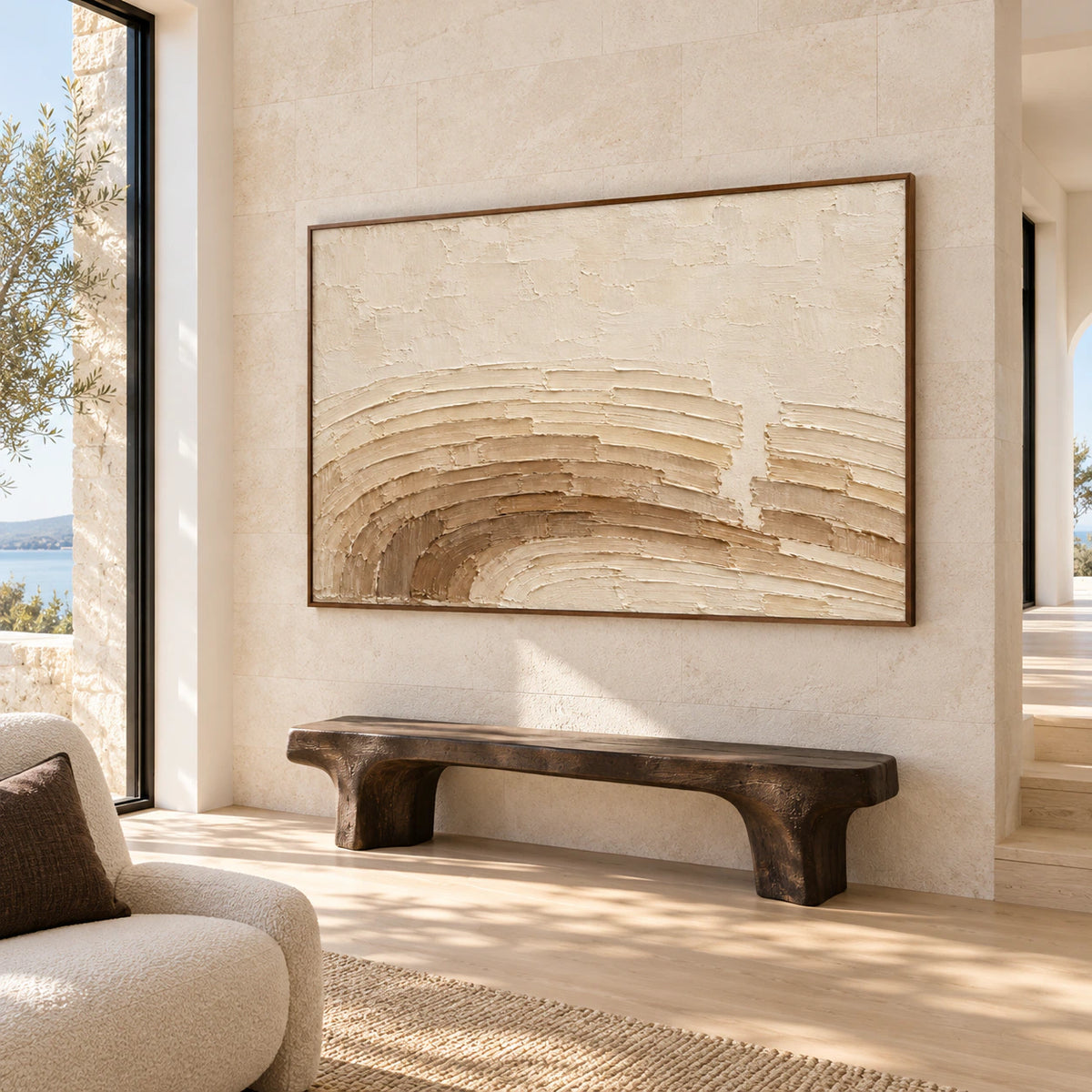 Parchment-Swerve commands a gallery-scale foyer with pale limestone walls, a sculptural bench and bright daylight.