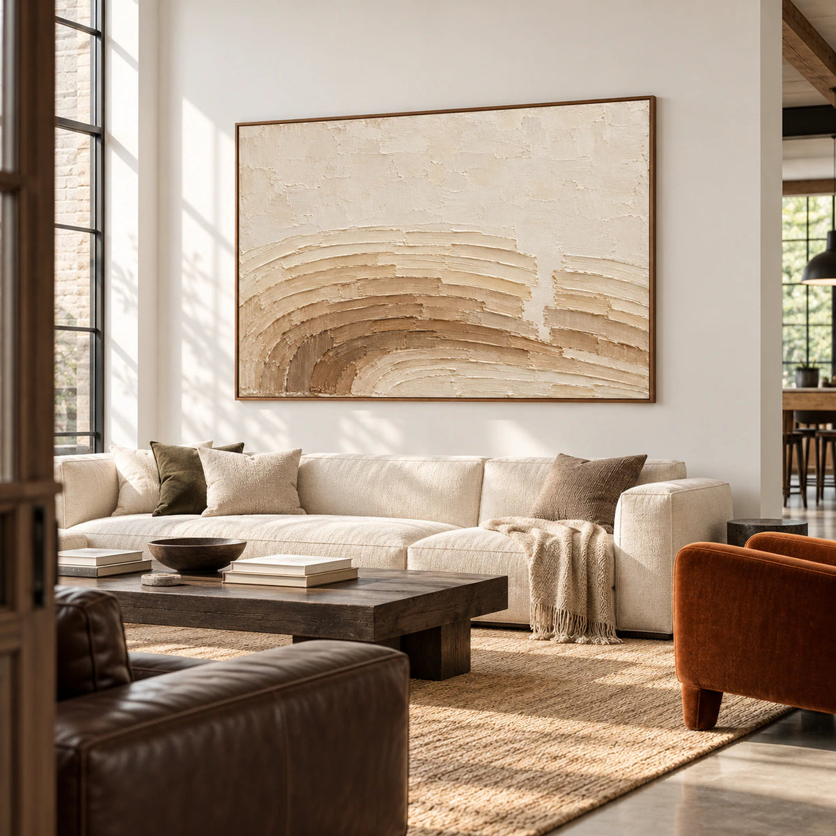 Parchment-Swerve stands out in an expansive loft interior with high ceilings, dark seating and broad windows.