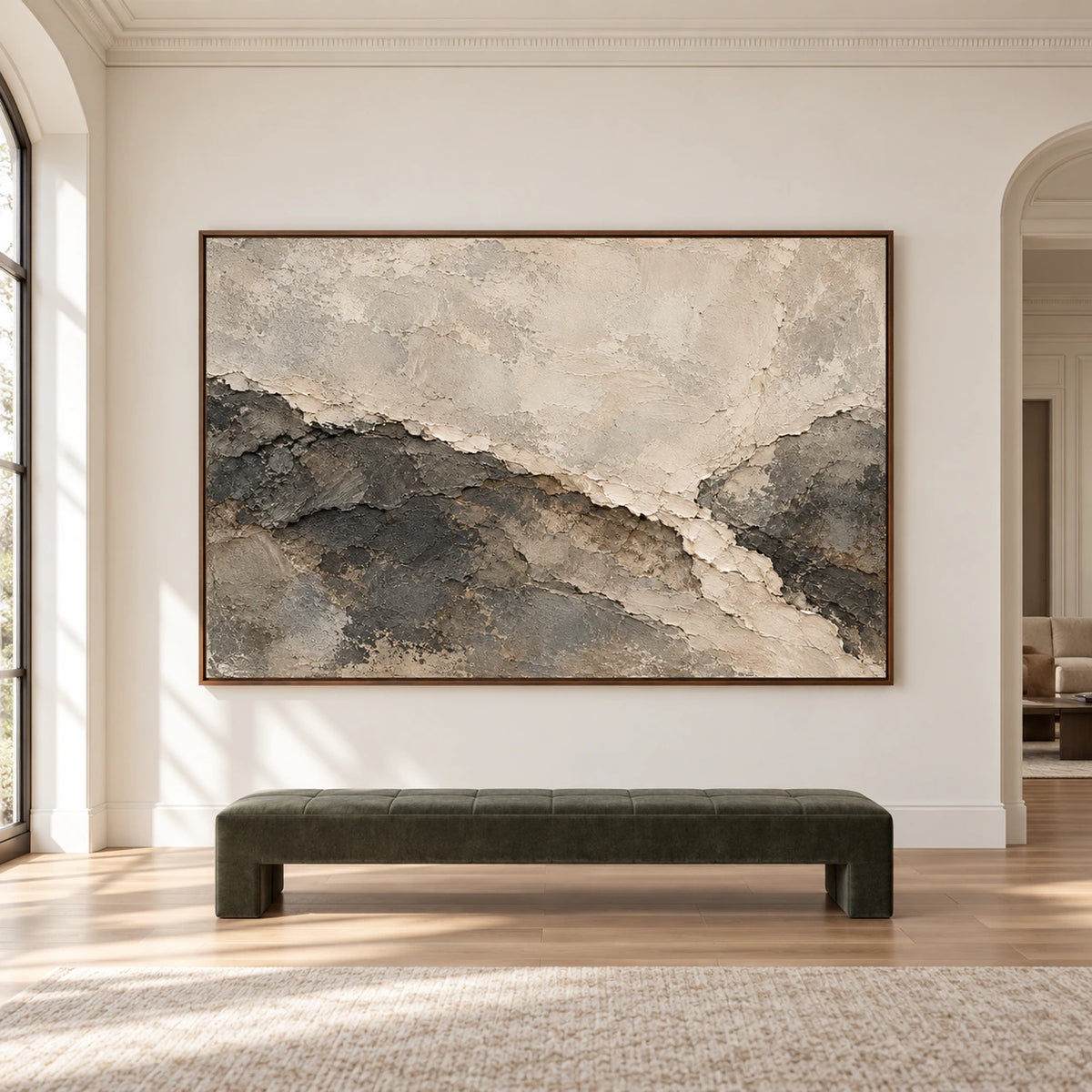 Large horizontal Parchment Torrent painting centered on a broad gallery wall in a spacious, daylight-filled room, viewed straight on.