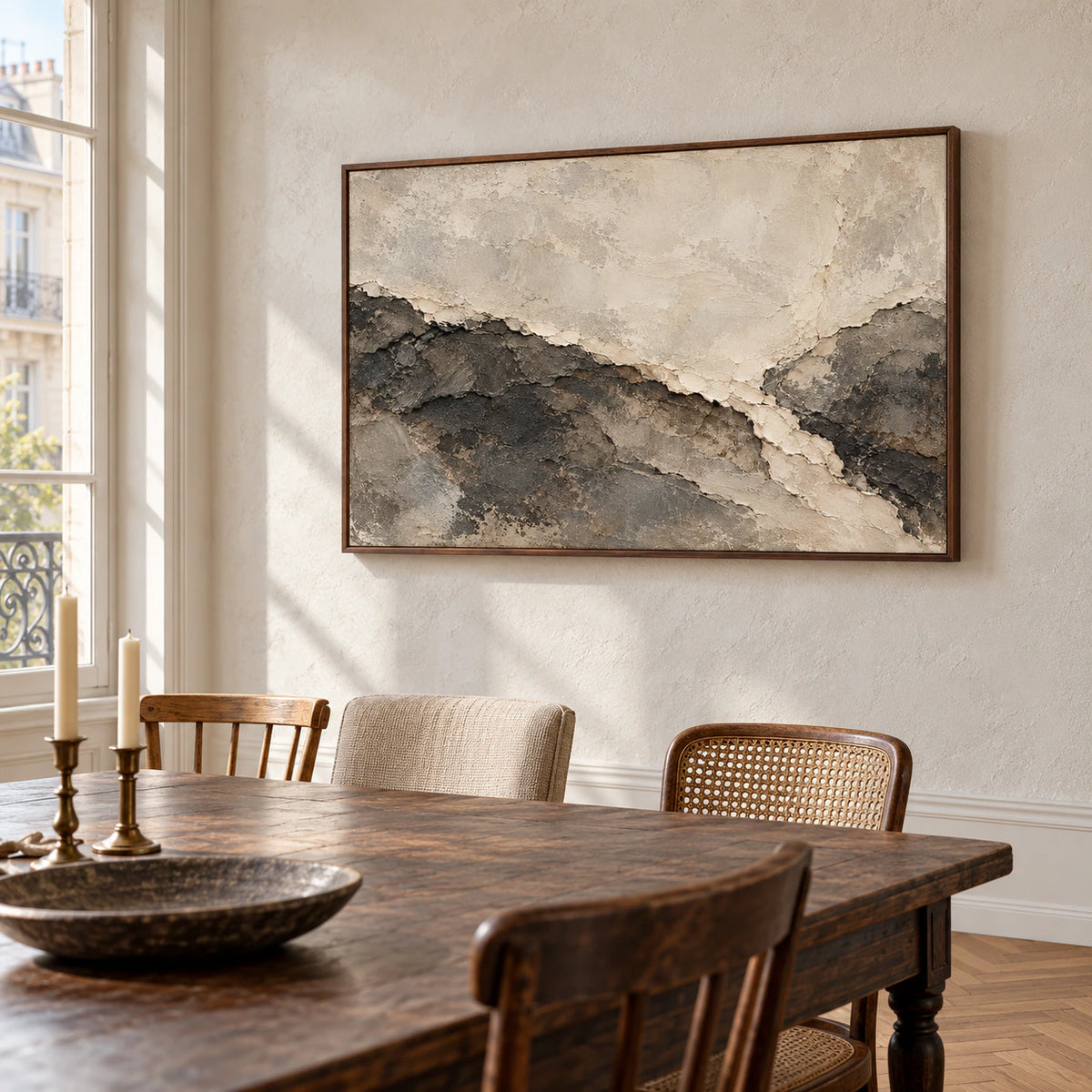 Parchment Torrent commands the wall of a refined dining room, with a long dark wood table and daylight entering from the side.