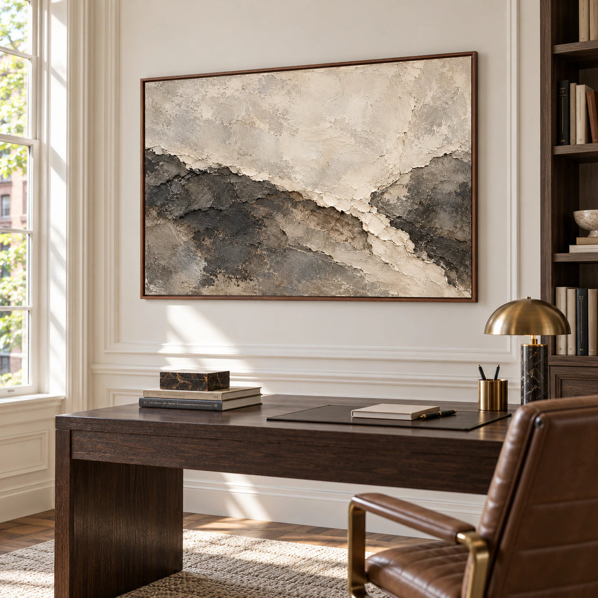 Parchment Torrent hangs above a streamlined desk in an airy home office with daylight, open shelving, and restrained furnishings.