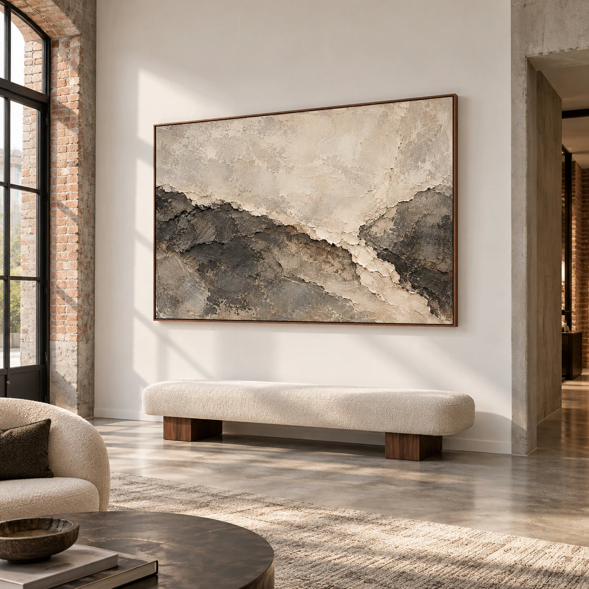 Parchment Torrent is displayed at gallery scale in a bright, open foyer with tall architectural walls and a clear view of the painting.
