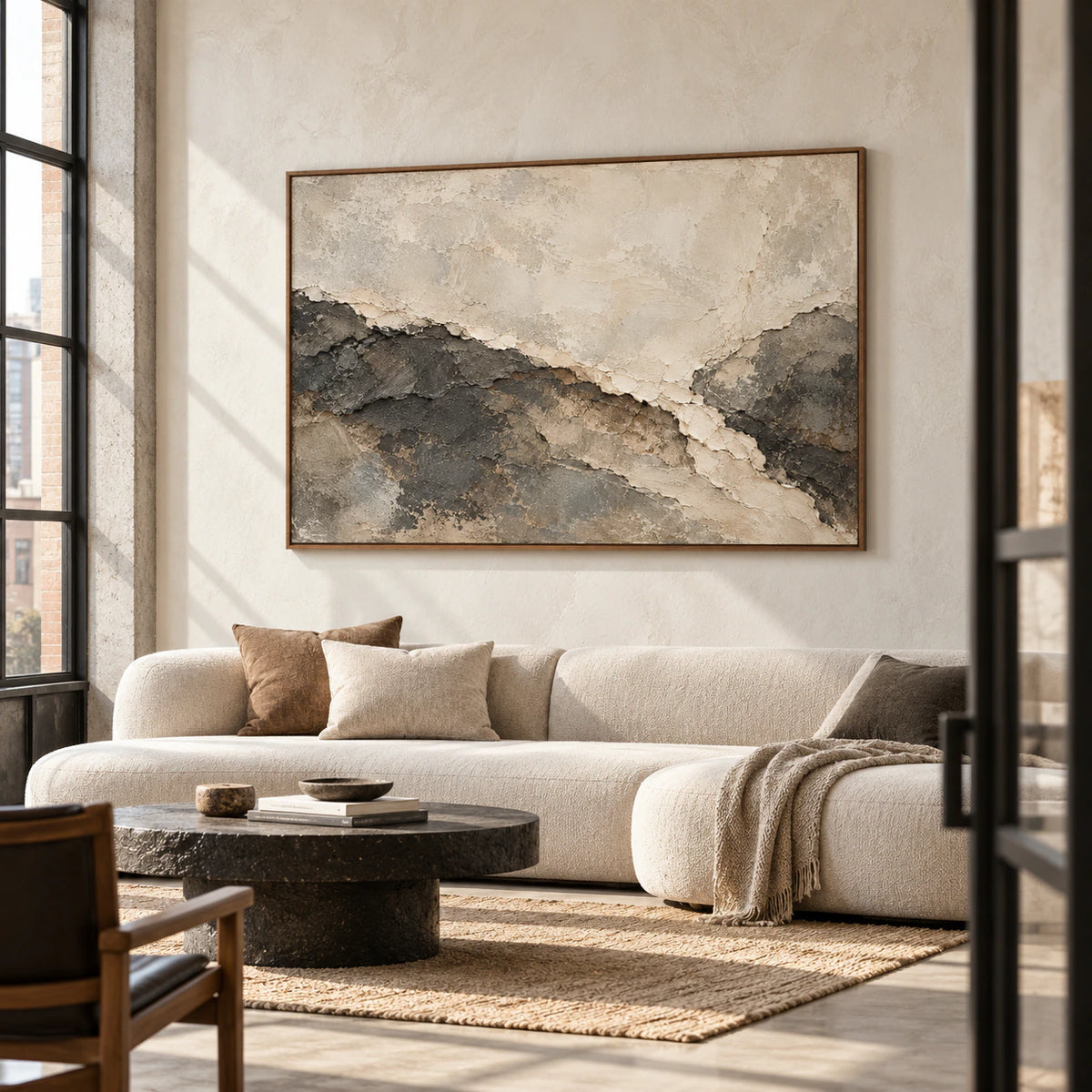 Parchment Torrent becomes the focal point of an expansive loft interior with high ceilings, generous daylight, and understated furniture.