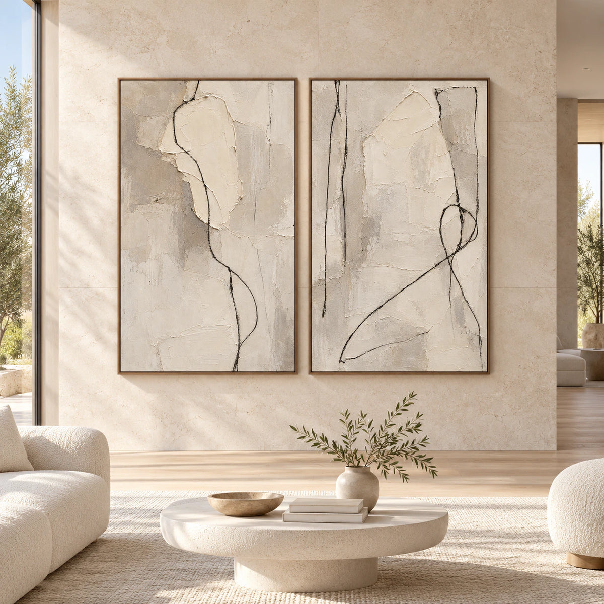Large straight-on interior view of the Parchment-Vector vertical diptych in slim walnut frames.