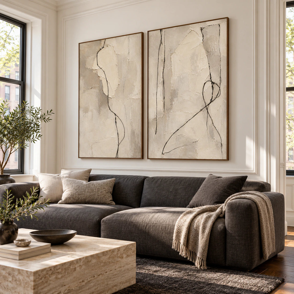 Parchment-Vector diptych displayed prominently in a bright contemporary living room.