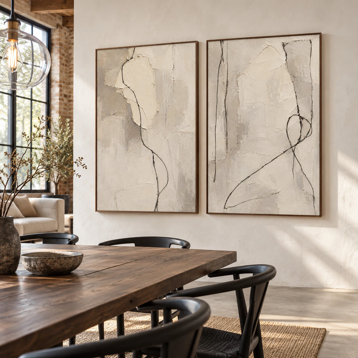 Parchment-Vector diptych above a refined dining room setting.