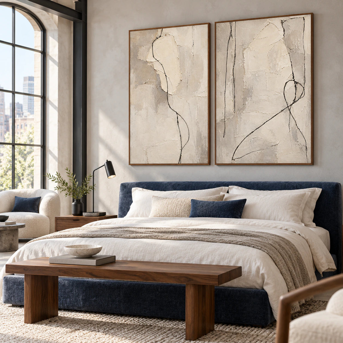 Parchment-Vector diptych in a quiet, naturally lit bedroom.