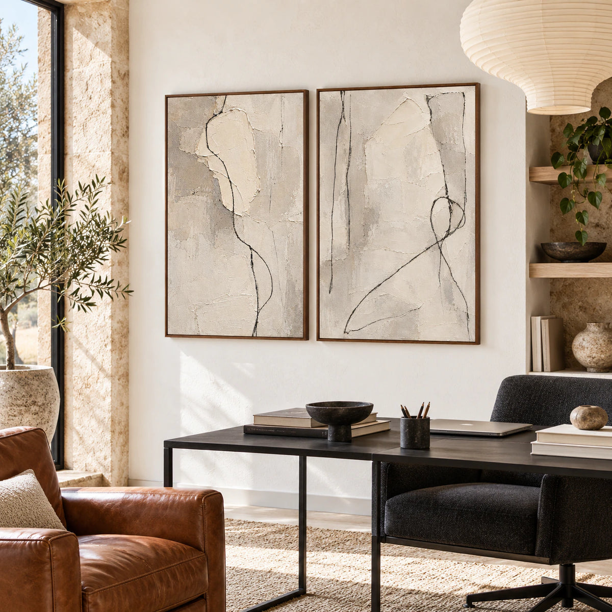 Parchment-Vector diptych in an airy home office reading space.