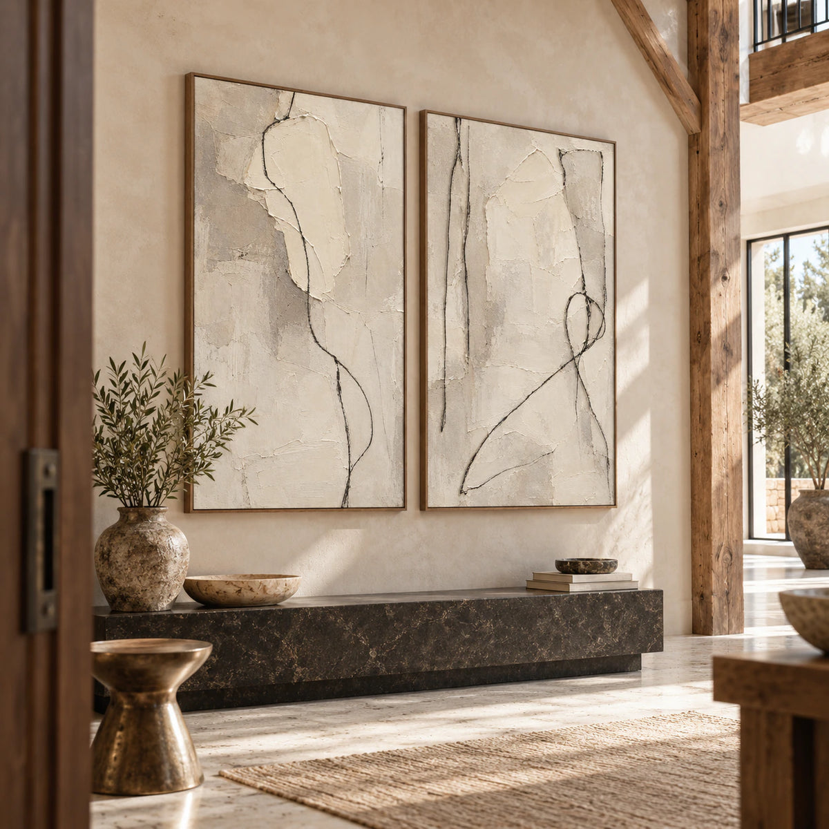 Parchment-Vector diptych at gallery scale in a bright foyer.