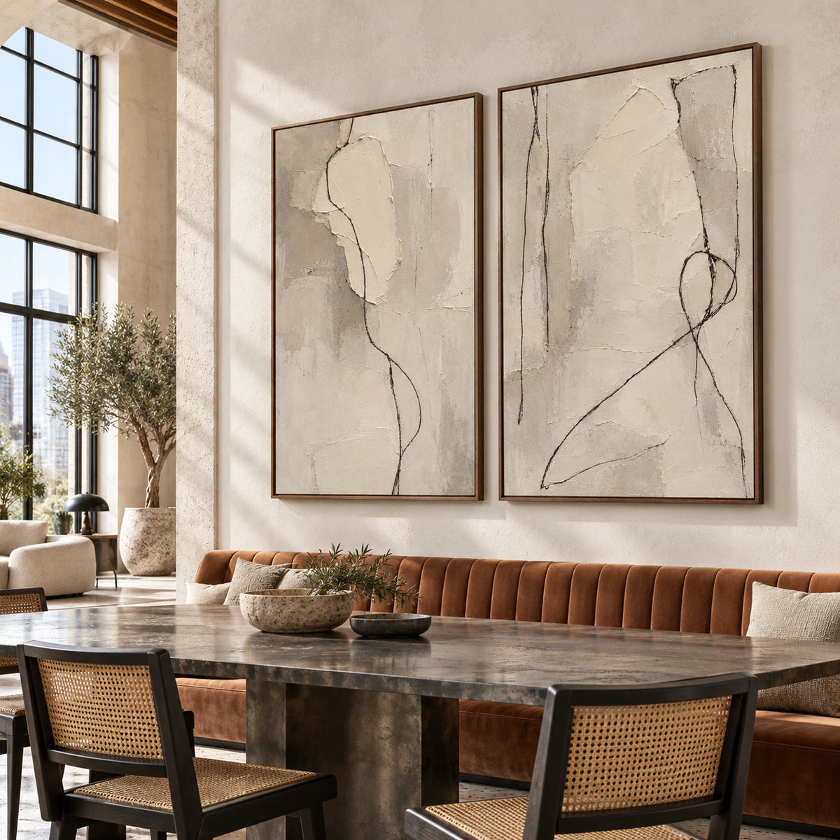 Parchment-Vector diptych in an expansive daylight-filled loft interior.