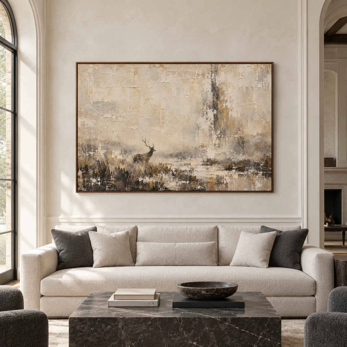 Large horizontal view of Parchment-Warden centered on a pale wall in a spacious, softly lit room.