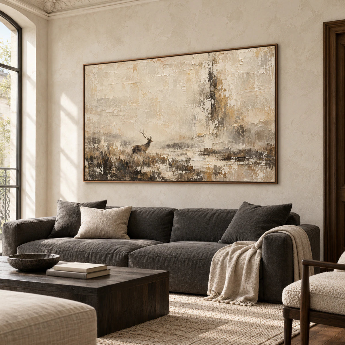 Parchment-Warden above a low charcoal sofa in a bright living room with natural daylight.