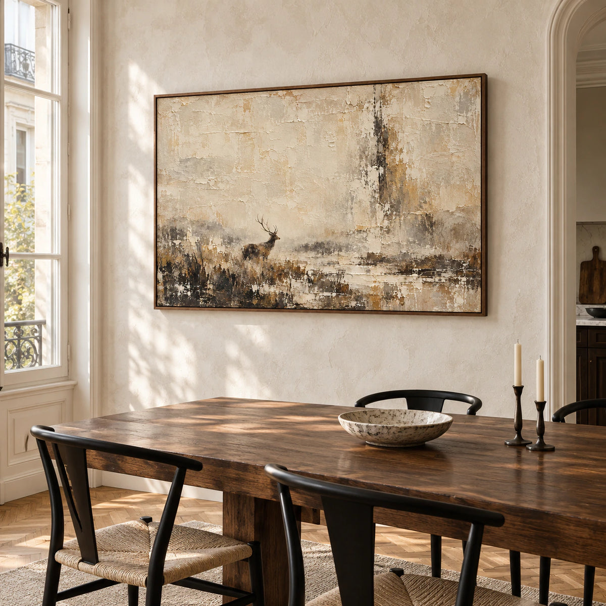Parchment-Warden above a dark wood dining table in a refined, sunlit dining room.