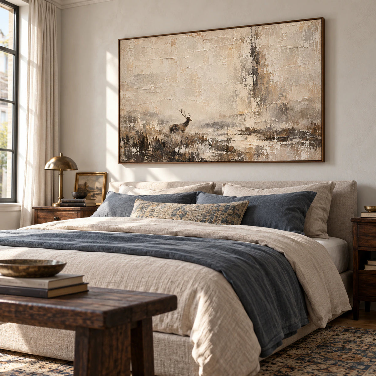 Parchment-Warden above a low upholstered bed in a quiet bedroom with soft daylight.