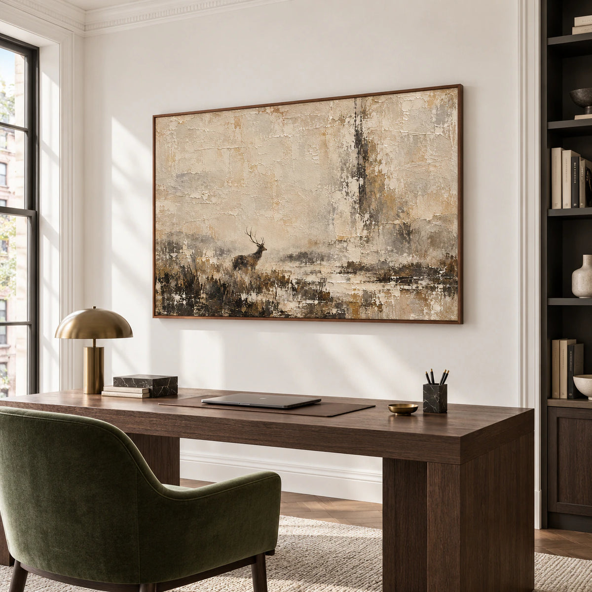 Parchment-Warden above a streamlined desk in an airy home office with natural light.