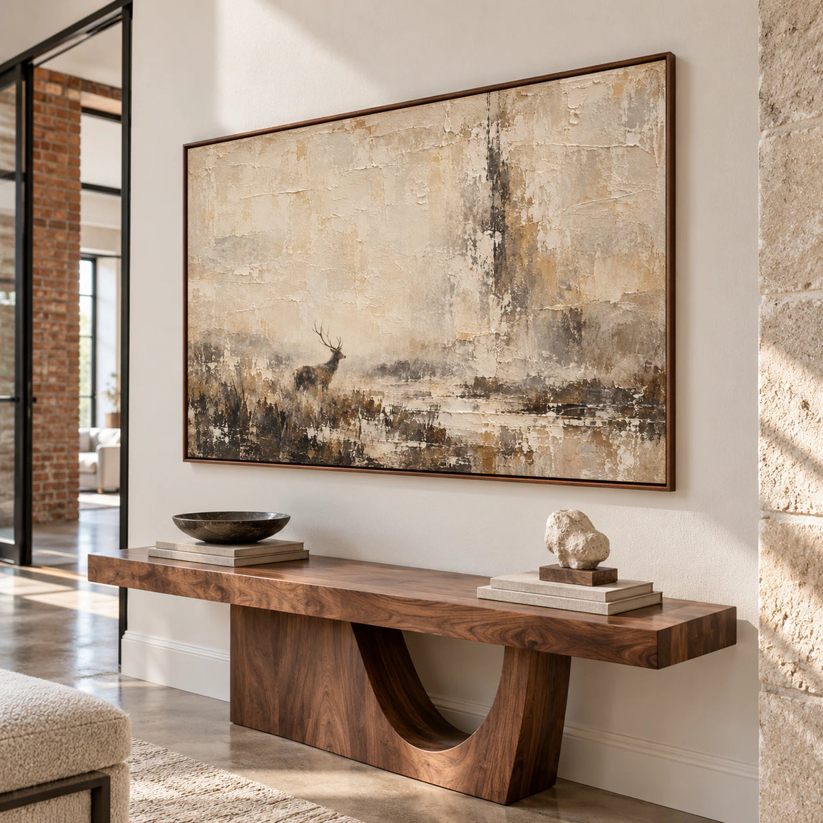 Parchment-Warden displayed at gallery scale on a tall foyer wall beside a sculptural console.