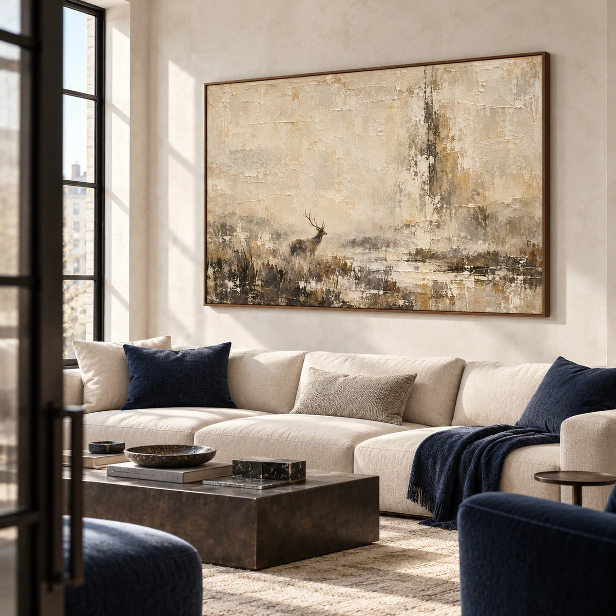 Parchment-Warden as a large focal artwork in an expansive loft interior with open daylight.