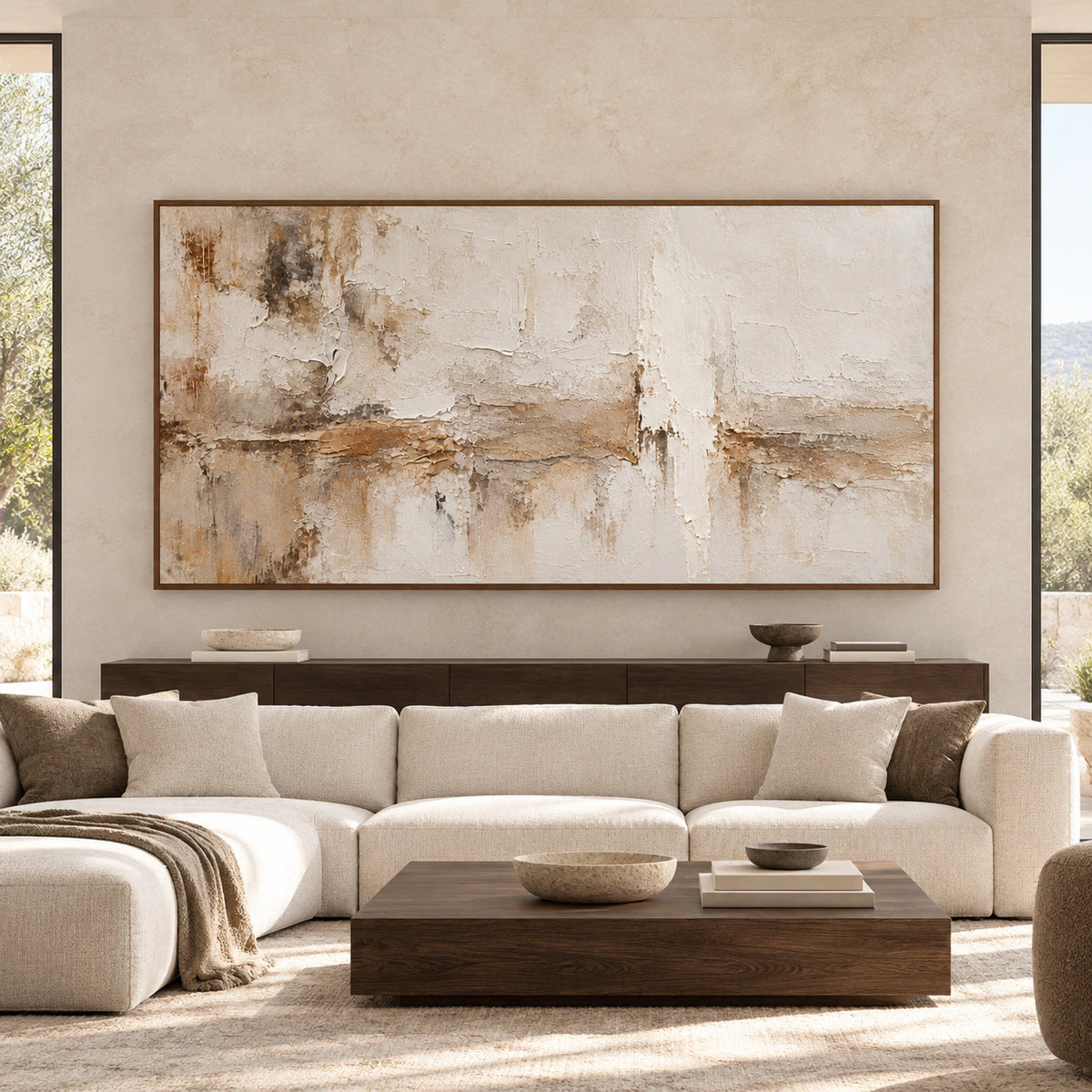 Large horizontal Parchment-Weather abstract painting centered on a pale wall in a spacious, bright room.