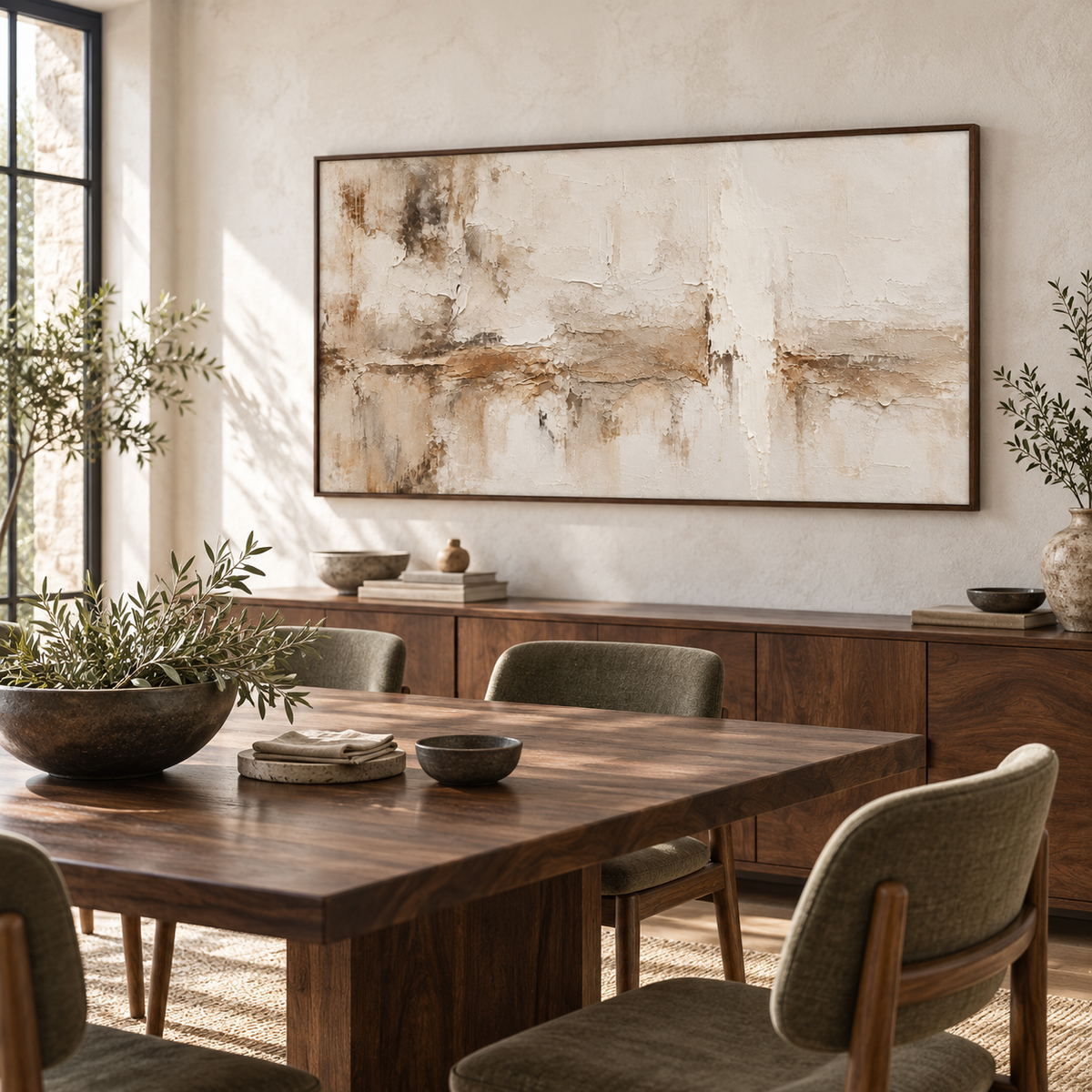Parchment-Weather painting displayed prominently on a light wall in a refined dining room with a dark wood table and daylight.