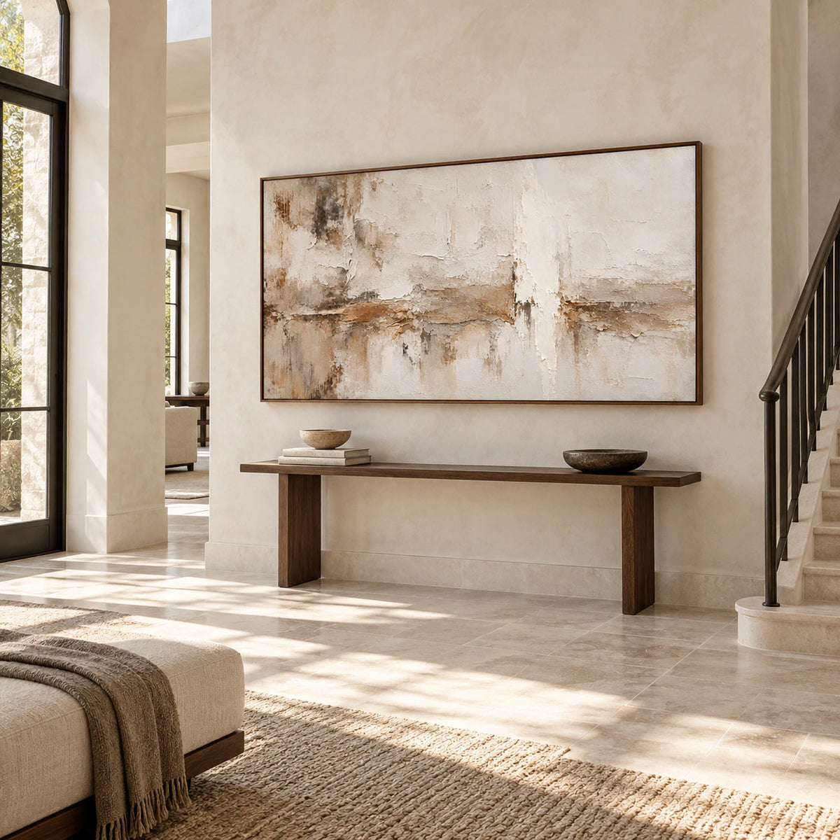 Large horizontal Parchment-Weather painting anchoring the wall of a sunlit foyer with stone flooring and a slim console.