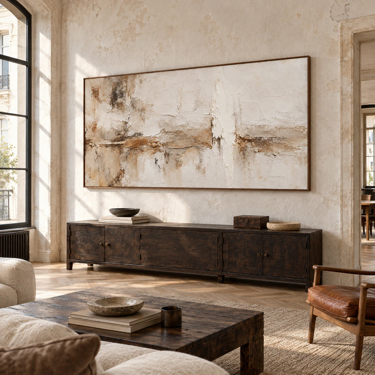 Parchment-Weather painting displayed at large scale in an airy loft interior with tall windows and understated furnishings.