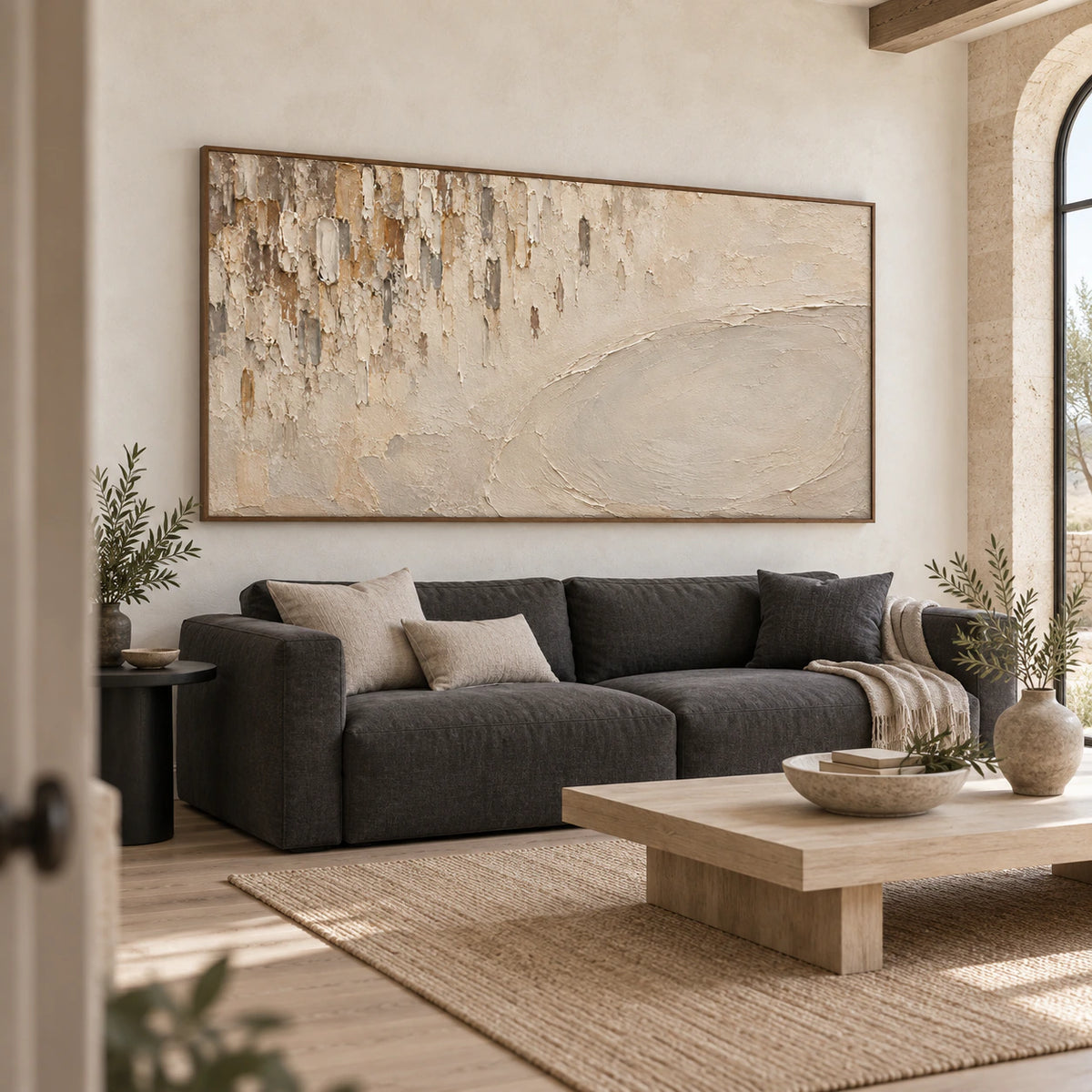 Patina-Arc above a restrained sofa in a bright living room.