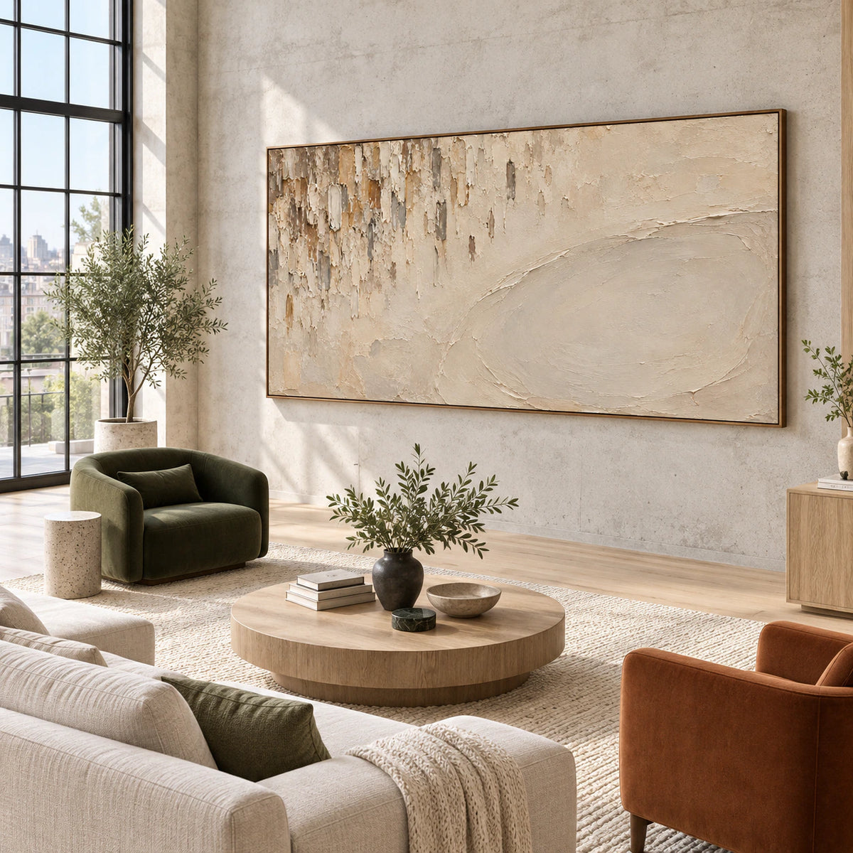 Patina-Arc as a large focal artwork in an expansive loft interior.