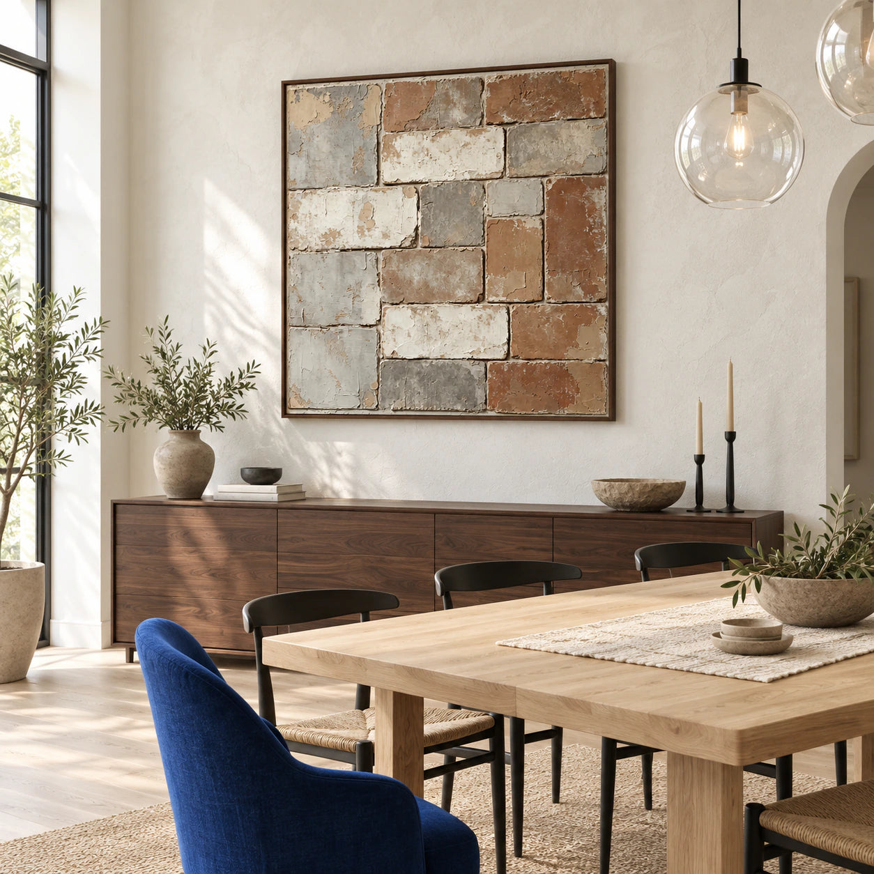 Patina-Grid above a refined dining setting with daylight and restrained furnishings.