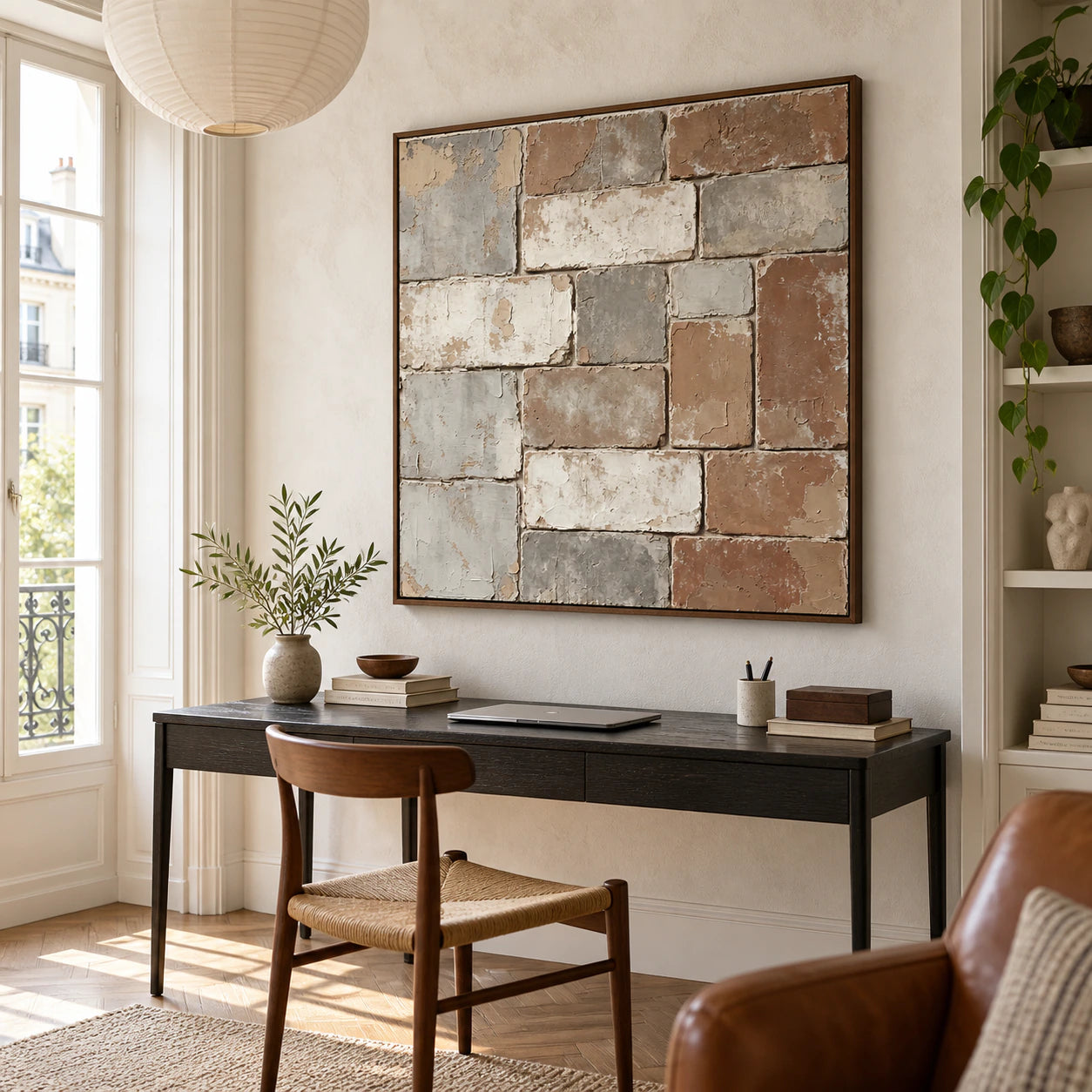 Patina-Grid in an airy home office reading space with natural daylight.
