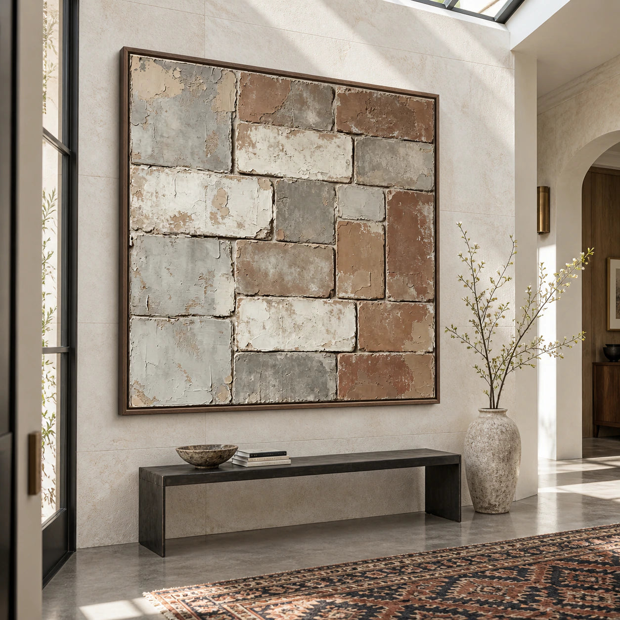 Patina-Grid at gallery scale in a bright sculptural foyer.